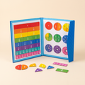 Magnetic fraction book open with colorful fraction pieces