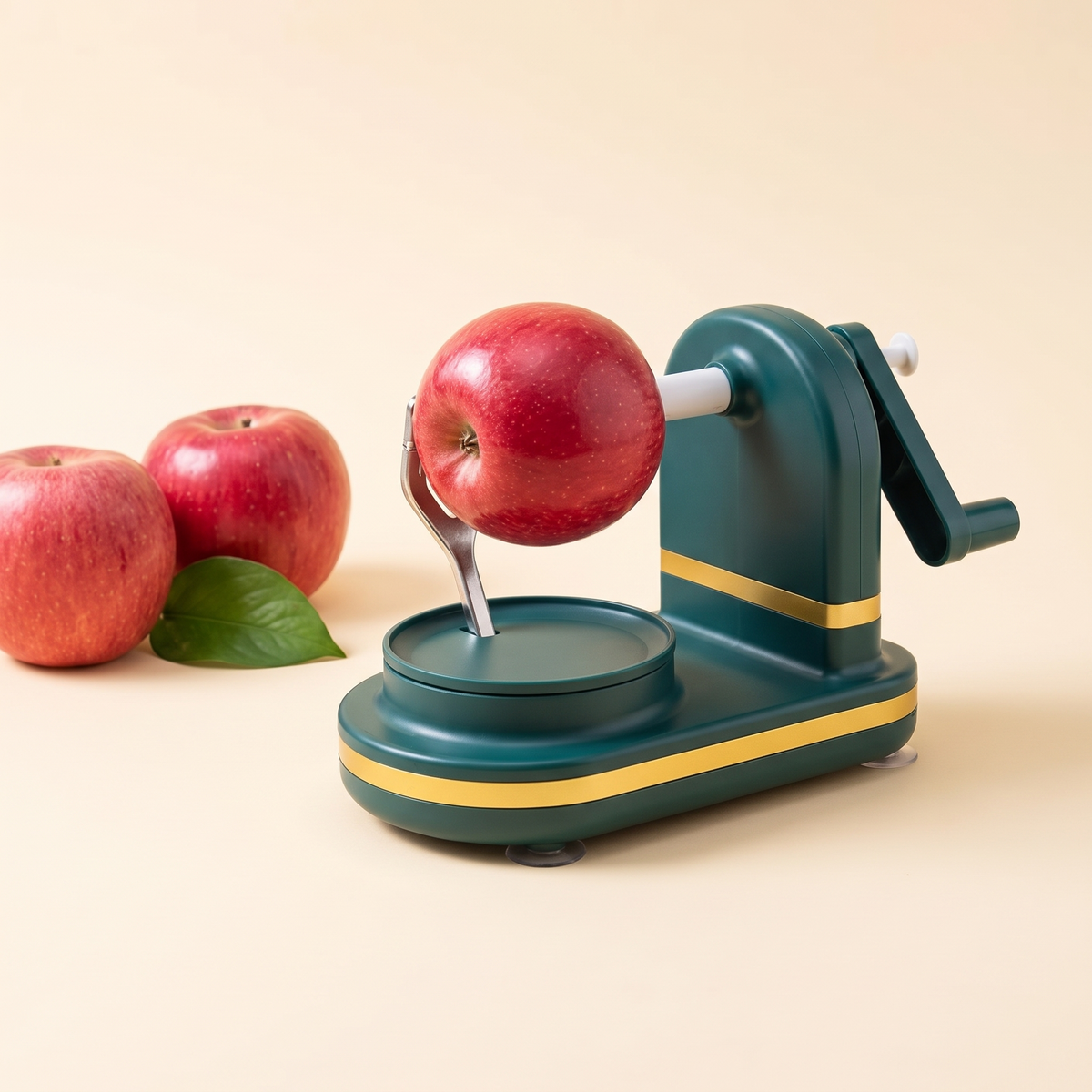 3-in-1 apple peeler, corer and slicer peeling an apple on a kitchen counter