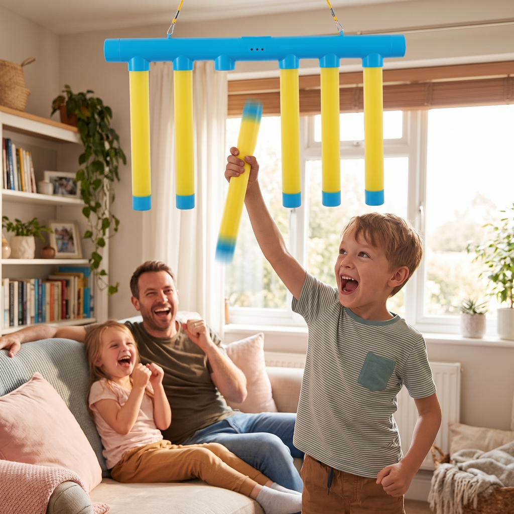 Boy catching a falling stick while family cheers