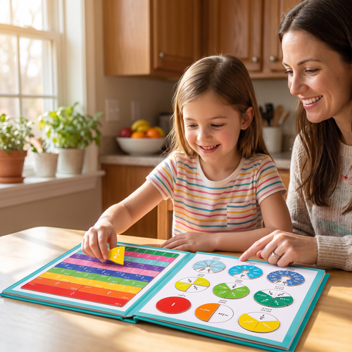 Mom and daughter learning fractions together with the magnetic book