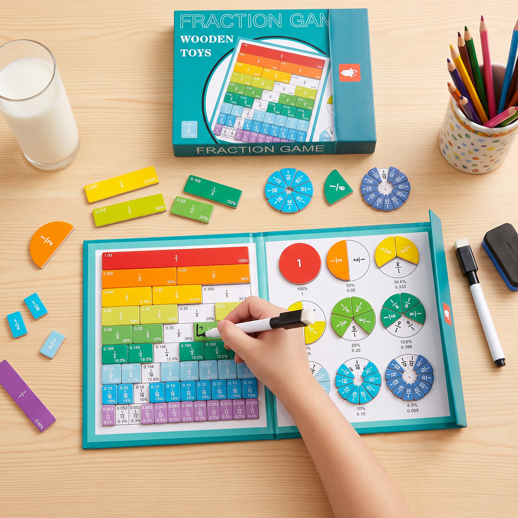 Magnetic fraction book on a desk with learning supplies