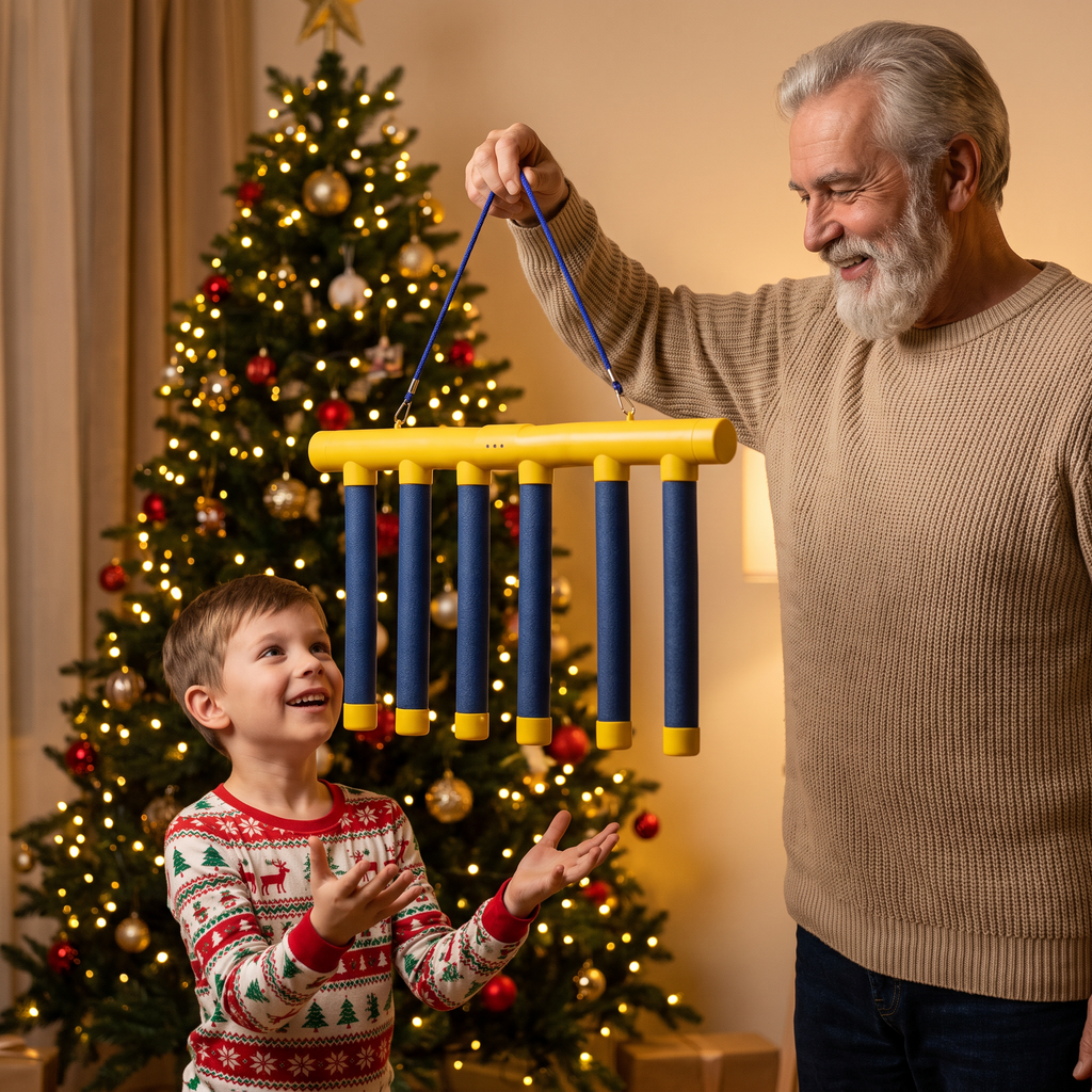 Grandfather holding the Falling Sticks reflex game by its rope while a boy gets ready to catch – Christmas family game